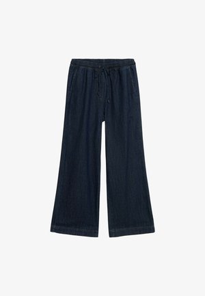 Dunkelblaue weit geschnittene Hosen aus Denim. Sie verfügen über einen elastischen Bund mit Kordelzug und bieten eine lockere Passform. Keine sichtbaren Taschen.
