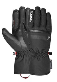 Schwarze isolierte Handschuhe mit ledernen Fingerspitzen, elastischem Handgelenkverschluss und Branding-Detail. Texturiertem Stoff und stromlinienförmigem Design für besseren Halt.