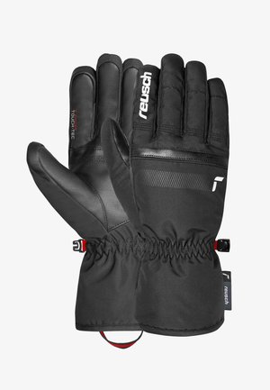 Schwarze isolierte Handschuhe mit ledernen Fingerspitzen, elastischem Handgelenkverschluss und Branding-Detail. Texturiertem Stoff und stromlinienförmigem Design für besseren Halt.