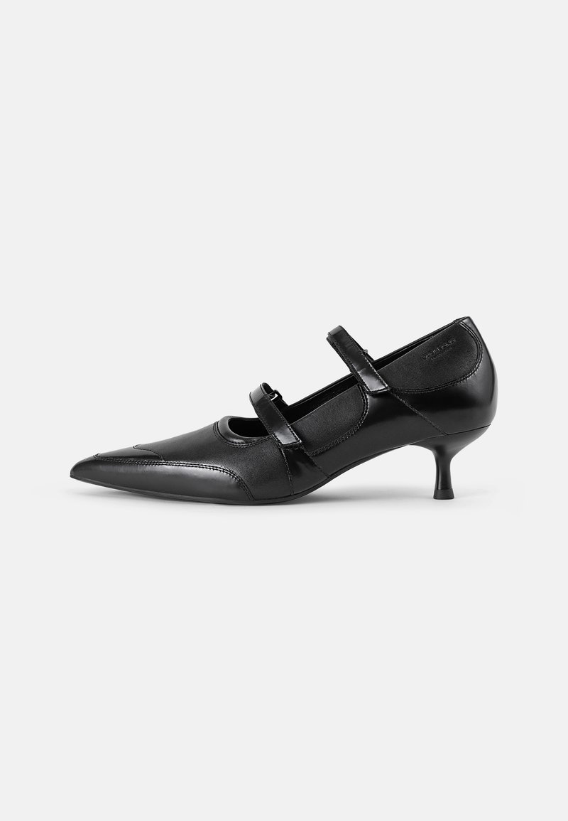 Chaussure en cuir noir avec un bout pointu, un petit talon et deux sangles réglables sur le cou-de-pied. Texture lisse et design minimaliste.