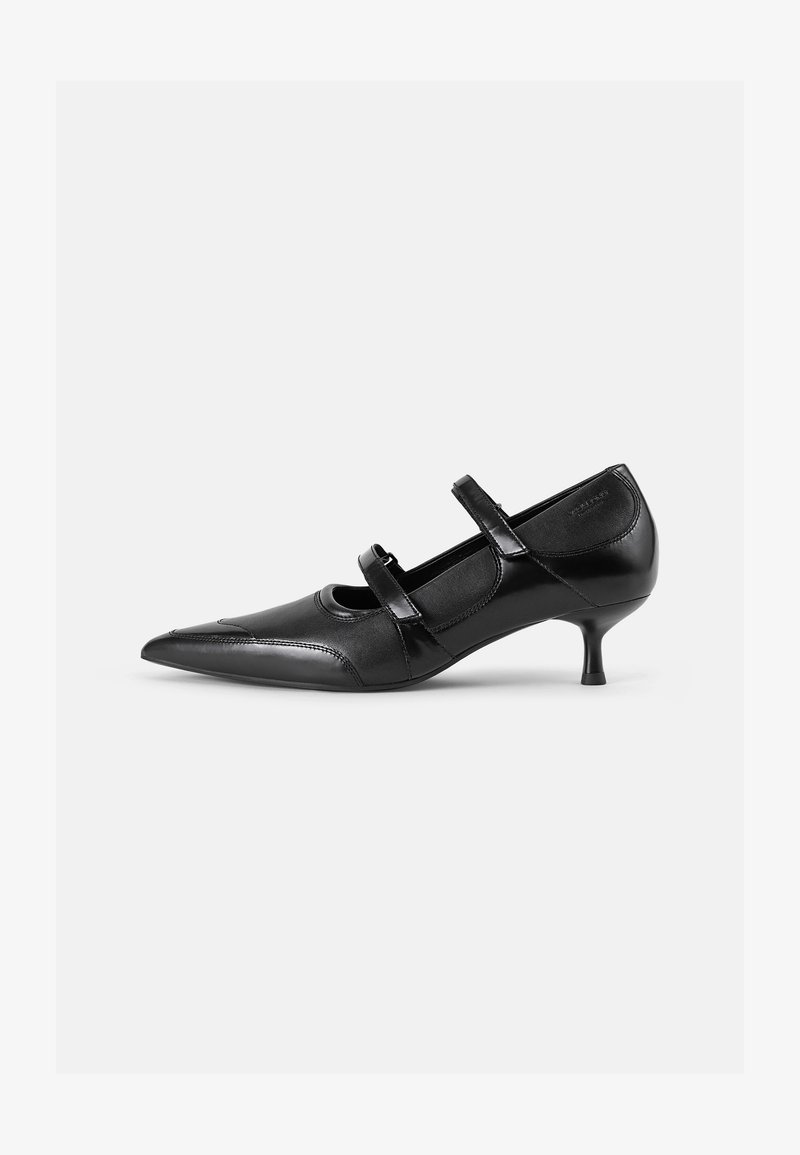 Chaussure en cuir noir avec un bout pointu, un petit talon et deux sangles réglables sur le cou-de-pied. Texture lisse et design minimaliste.