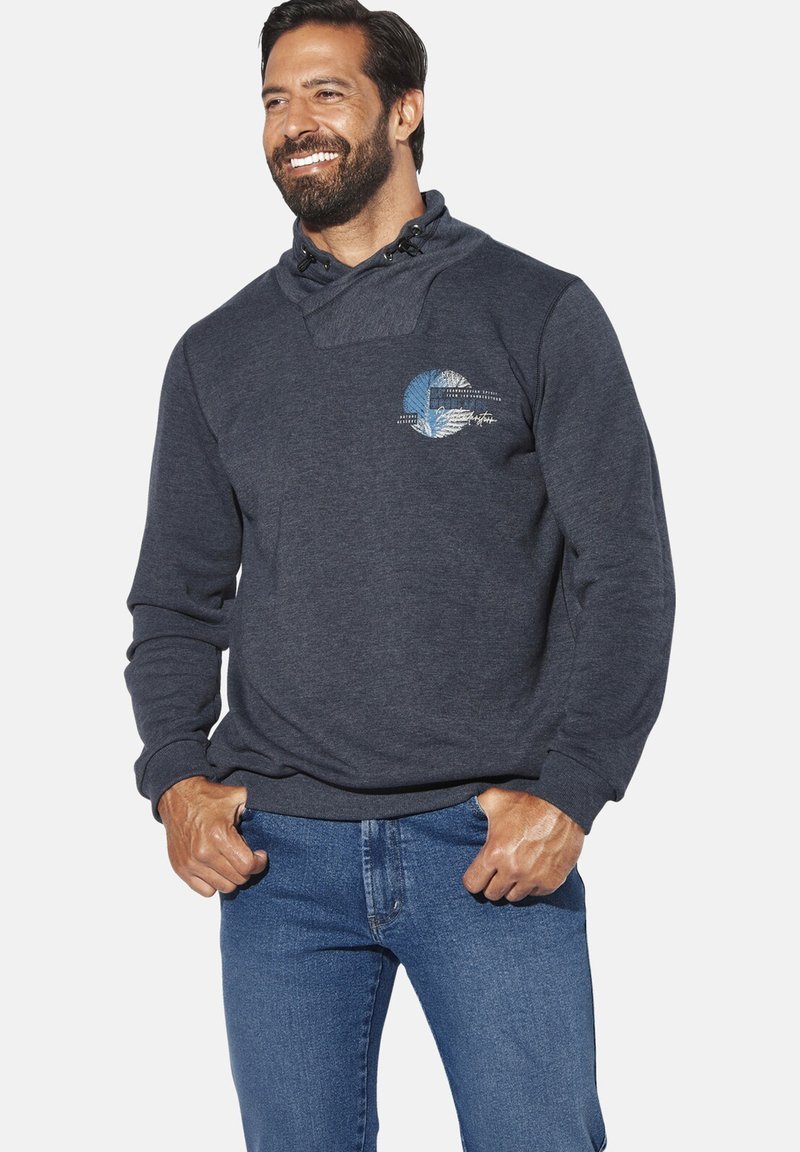 Dark gray sweatshirt with funnel neck, drawstrings, and a chest graphic featuring blue and white patterns. Made from a soft fabric.