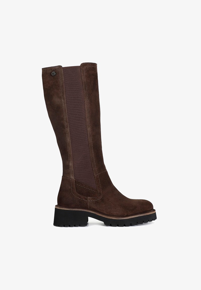Brown suede knee-high boot with elastic side panels, textured upper, wide rubber sole, and visible stitching details.