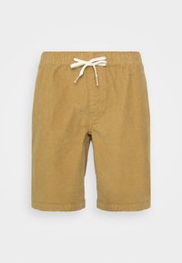 Shorts de couleur kaki en tissu texturé, dotés d'une taille élastique avec un cordon de serrage blanc et un design simple.