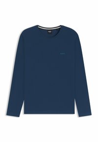 Pitkähihaisen tummansinisen t-paidan, joka on valmistettu pehmeästä kankaasta, pyöreä pääntie ja pieni teal-värinen logo rinnassa.