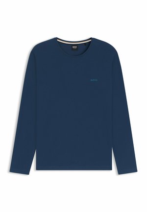 Langarm-T-Shirt in Marineblau aus weichem Stoff, mit rundem Halsausschnitt und einem dezenten Logo in Türkis auf der Brust.