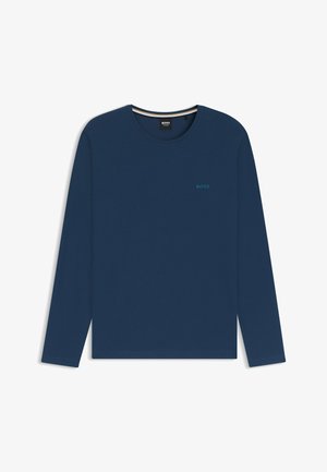 Langsleeve marineblauw t-shirt van zacht materiaal, met een ronde halslijn en een subtiel logo in teal op de borst.