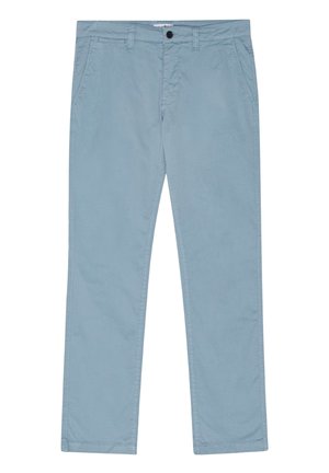 Pantalons en coton bleu clair avec une coupe droite, dotés de poches avant, d'une fermeture éclair et d'un seul bouton.