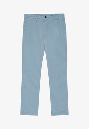 Pantaloni di cotone azzurri con design a gamba dritta, dotati di tasche frontali, chiusura con zip e un bottone.}}