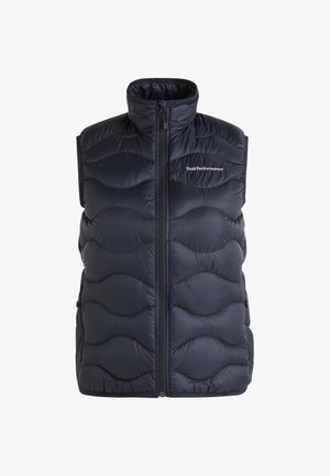 Gewatteerde marineblauwe vest met hoge kraag, ritssluiting en golvend gestikt ontwerp. Bevat zijzakken en een logo op de borst.