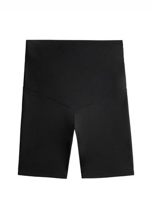 Černé plavkové šortky vyrobené z hladké tkaniny, s vysokým pasem a geometrickým švem, a se přiléhavým střihem.