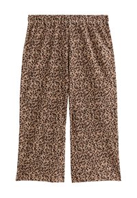 Tijgerprint broeken in beige en bruin, met een elastische tailleband, lichtgewicht stof en wijde pijpen.