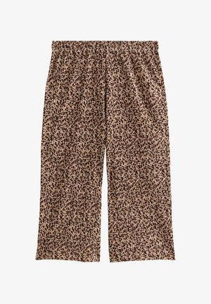 Pantalones de estampado de leopardo en beige y marrón, con una cinturilla elástica, tejido ligero y diseño de pierna ancha.