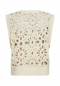 Krém színű, vastag kötött mellény virágos csipkemintával. Nyitott hátú kialakítás bordázott szegéllyel a nyakvonalnál és az alsó részen. Puha tapintású.