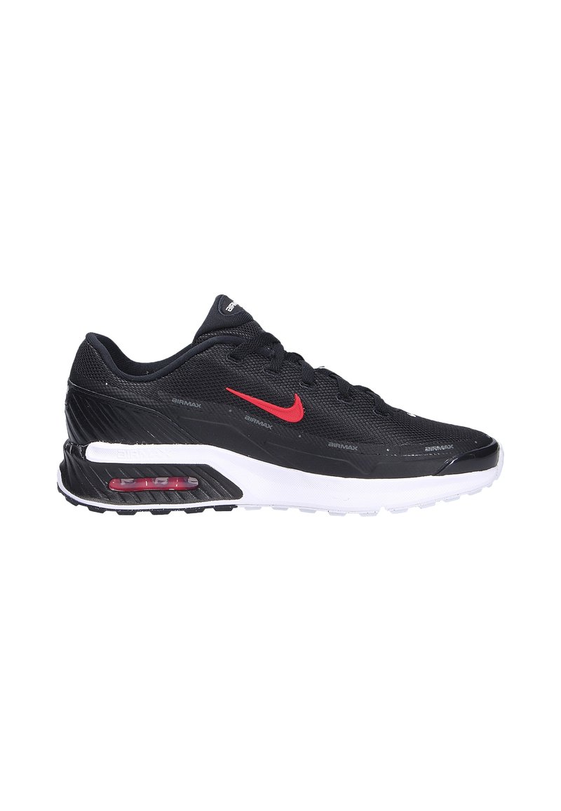 Zapatos Nike Air Max en malla negra con un acabado texturizado, con una suela blanca, acentos rojos y una unidad de amortiguación de aire visible.