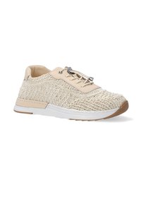 Beige Sneaker mit gewebter Textur, weißer Zwischensohle und brauner Gummi-Außensohle. Verfügt über ein Schnürdesign und metallische Akzente an den Schnürsenkeln.