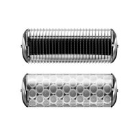 Två cylindriska rullar: den övre med vertikala svarta spjälor och kromade ändar; den nedre klar med cirkulära vita indenteringar och kromade ändar.