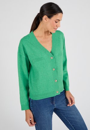 Cardigan verde a maglia con scollatura a V, maniche lunghe e due tasche. Presenta bottoni dorati e una lavorazione a coste sul bordo.