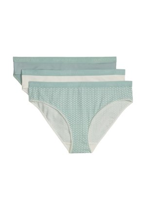 Trzy damskie majtki o kroju bikini ułożone warstwowo, kolory: jasnozielony miętowy w kropki, jednolita biel oraz jednolity jasnozielony miętowy pas.