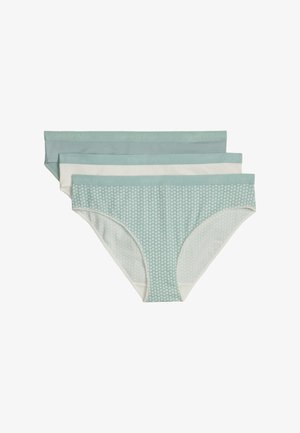 Drie vrouwenonderbroeken in bikinitaille in een gelaagde opstelling, kleuren licht teal met stippen, effen wit en effen licht teal tailleband.