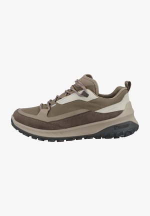 Scarpe da trekking impermeabili marroni con materiali in rete e sintetici, dettagli testurizzati, accenti multicolori e suola robusta Michelin.
