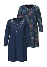 Två långärmade klänningar: en enfärgad marinblå med ett lager av kedjemönster och hjärtan, och en mörkblommig design med färgglada konturer.