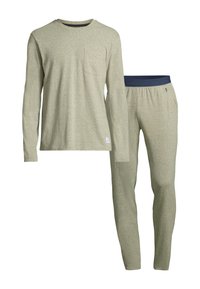 Long-sleeve light olive shirt with a chest pocket, paired with matching tapered pants featuring a navy waistband and textured fabric.