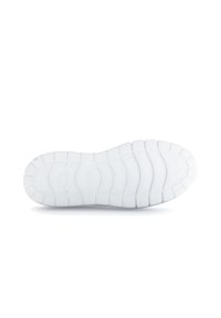 Weißer Gummischuhsohle mit tiefen Profilen, einer glatten Oberfläche mit Rillen und geprägtem Logo. Entwickelt für Traktion und Stabilität.