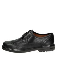 Zwarte leren kleed schoenen met wingtip brogue details, ronde neus, veterontwerp en een platte rubberen zool. Gladde textuur met subtiele glans.