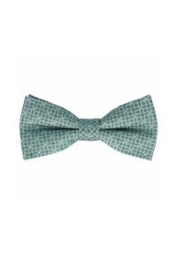 Hellgrüne Fliege aus Stoff mit geometrischem Muster. Verfügt über eine strukturierte Form mit feiner Textur und einem Knoten in der Mitte.