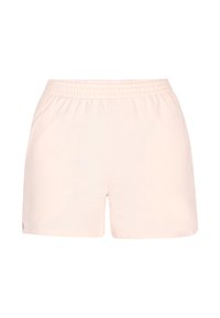 Shorts sportivi rosa chiaro con vita elastica, texture liscia e aperture laterali per facilitare il movimento. Design semplice, senza motivi o decorazioni.