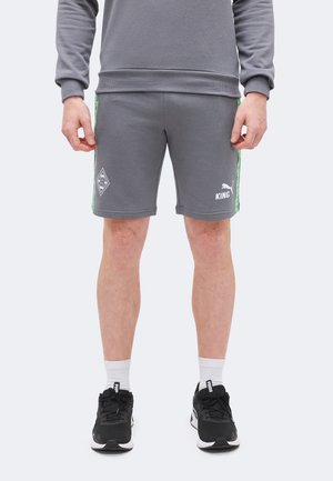 Mann trägt graue Shorts mit grünen Seitenstreifen, Puma-Logo und weißen Socken mit schwarzen Puma-Sneakern, steht vor einem einfarbigen Hintergrund.