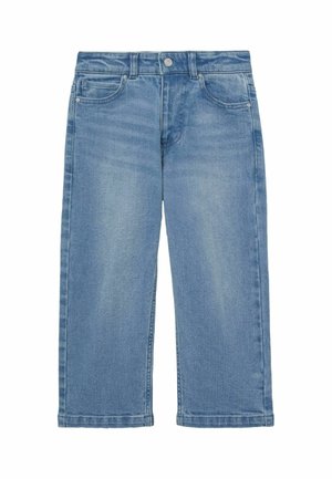 Lyseblå denimjeans med lige pasform, frontknapper og lynlås samt femlomme-stil.