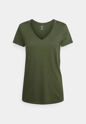 Olive green, short-sleeve women's t-shirt with a V-neck and fitted silhouette, displayed on a neutral background.
