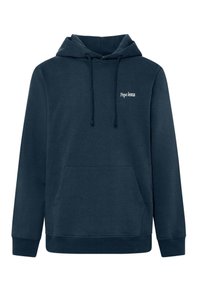 Felpa con cappuccio blu navy, dotata di tasca a marsupio, cordini e logo "Pepe Jeans" in bianco sulla parte sinistra del petto. Tessuto morbido.