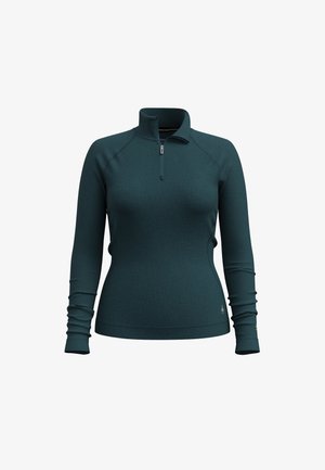 Türkisfarbener Langarm-Pullover aus strukturiertem Stoff, mit einem Viertel-Reißverschluss, Raglanärmeln und einer taillierten Passform mit Daumenlöchern.