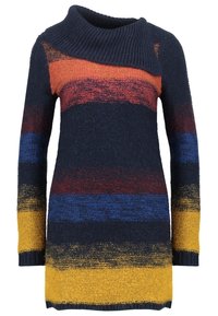 Pull en tricot avec un col large côtelé. Présente des rayures horizontales en bleu marine, jaune moutarde, bleu et rouille. Fini doux et texturé.