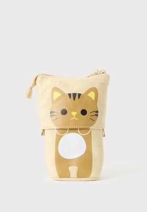 Beige stoffen etui met rits, met een schattige bruine cartoonkat met gele oren en een witte buik aan de voorkant.