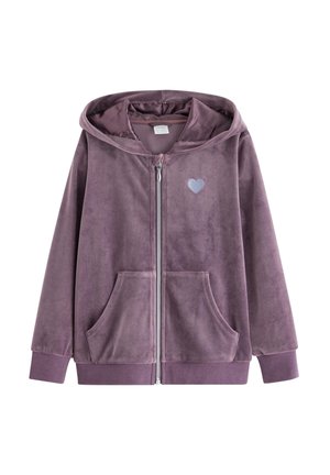 Hoodie zippé en velours violet avec deux poches avant et un petit cœur bleu brodé sur la poitrine, présentant des poignets et un ourlet côtelés.