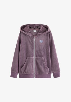 Paarse velours zip-up hoodie met twee voorkruiszakken en een klein geborduurd blauw hartje op de borst, met ribbels aan de mouwen en onderrand.
