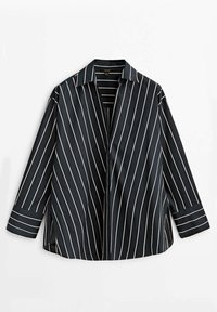 Blouse noire à manches longues avec des fines rayures blanches verticales, un col et des poignets boutonnés, présentée à plat sur fond blanc.