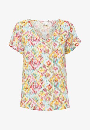 Mitmevärviline lühikeste varrukatega pluus V-kaelusega, millel on abstraktne teemantimuster roosa, kollase ja türkiissinise värviga helesinise tausta peal.