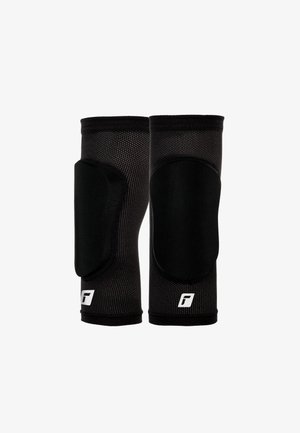 Black knee pads made from breathable fabric, featuring a solid black padded area and textured mesh for enhanced grip and support.