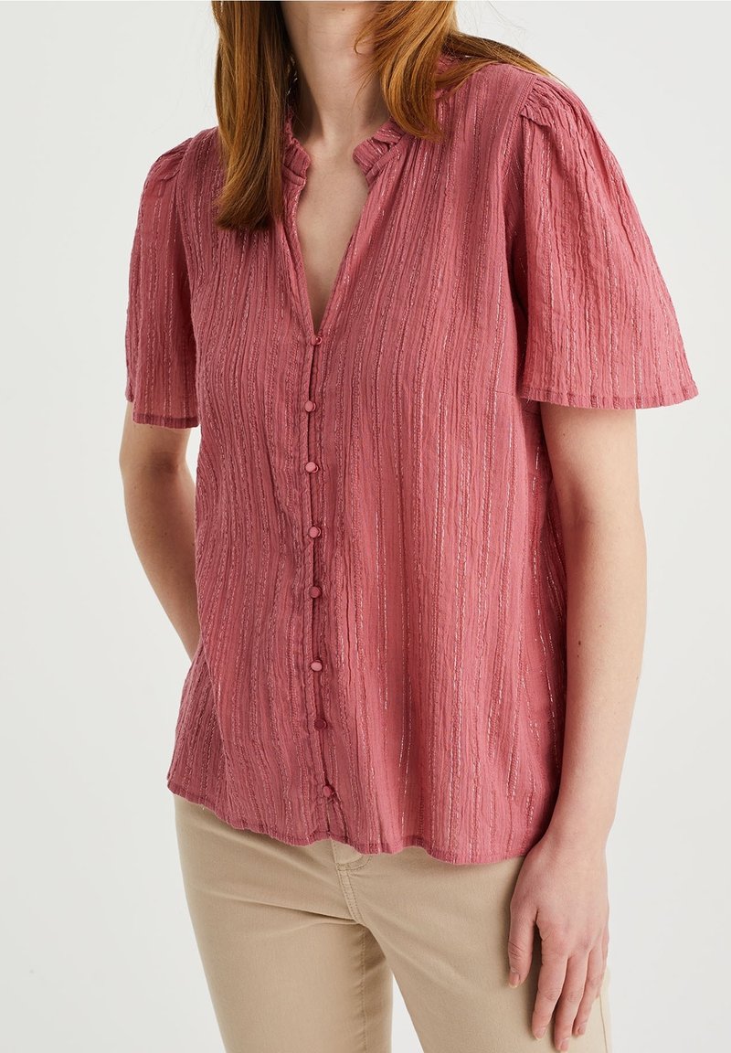 Kortärmad rosa texturerad blus med V-ringning, knäppning fram och ett subtilt randigt mönster; tillverkad av lätt tyg.