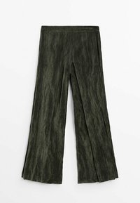 Pantalon large taille haute en velours vert foncé à texture lisse, posé à plat sur fond blanc.