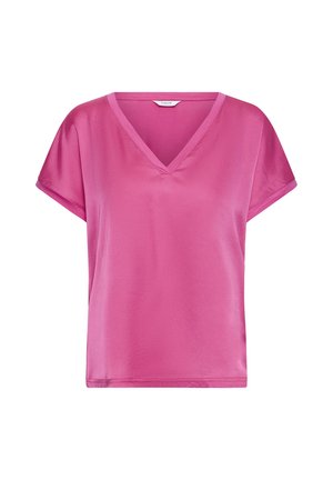 Blouse rose en satin à manches courtes avec encolure en V et coupe décontractée, présentée sur un fond blanc.