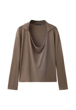 Top marron à manches longues avec un large col bénitier drapé et un tissu doux, présenté à plat sur fond blanc.