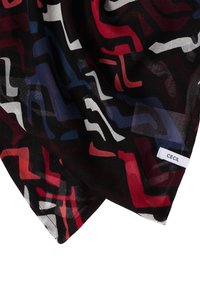 Black scarf featuring an abstract pattern of red, blue, white, and black shapes. Made from a lightweight, sheer fabric. Brand label visible.