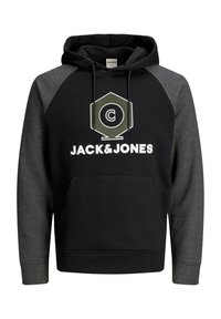 Felpa nera con maniche raglan grigie, caratterizzata da una tasca a marsupio frontale e un logo con il testo "JACK&JONES" in bianco sulla zona del petto.