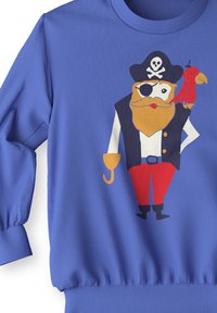 Blue sweatshirt with ribbed cuffs featuring a pirate illustration, complete with a striped shirt, hook hand, and a parrot on his shoulder.